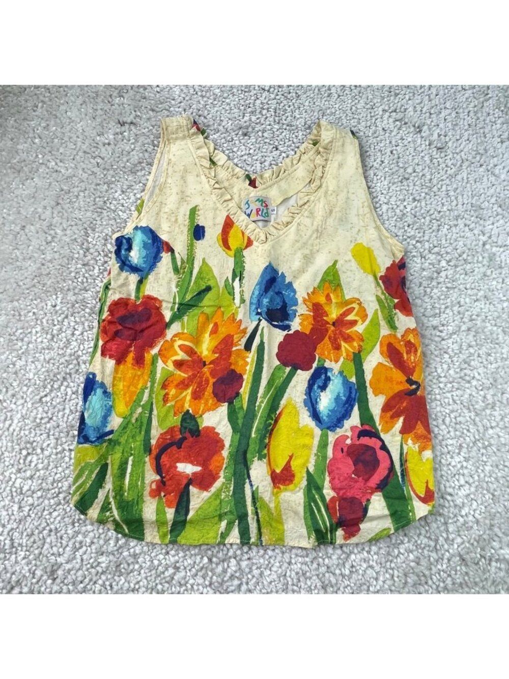 Jams World Floral Tropicana Ruffled V-Neck Sleeveless Top Womens Small Vintage